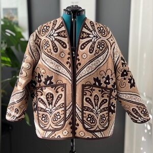 Jacquard cardigan, reworked vintage floral & geometric bedspread, ladies' M-XL